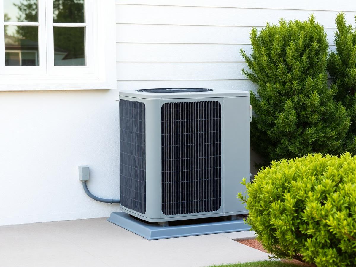 Clean modern outdoor air conditioning condenser beside a bright residential wall